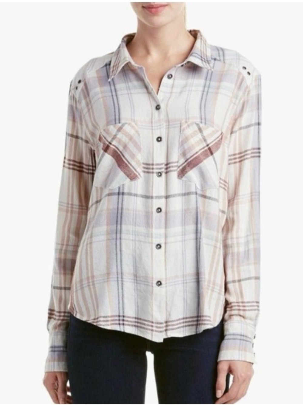 Free People Cream Multi Plaid Button-Down Shirt With Grommet Details